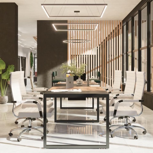 a room with a table chairs and a glass wall