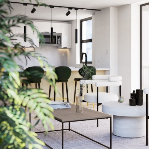 living room with a large plant and large windows