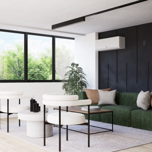 living room with a couch, chairs, and large window